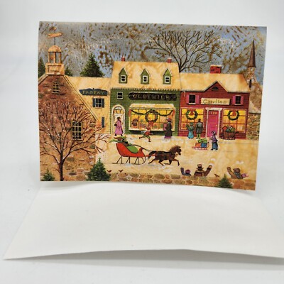 1 VTG Christmas Card+Env Horse Drawn Sleigh Down Main Street Small Town Folk Art
