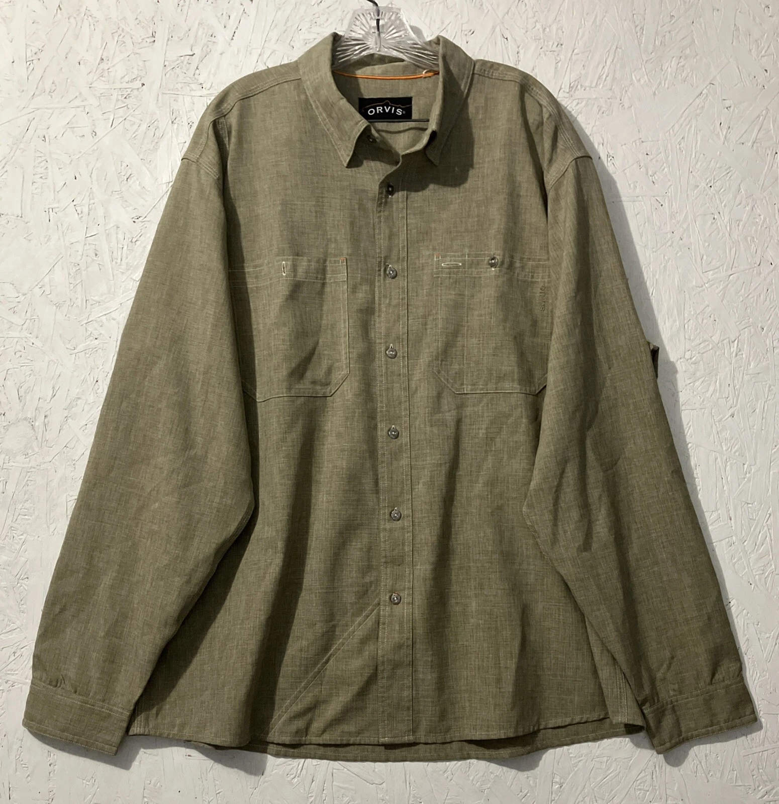 Orvis Button Up Shirt Mens XXL Green Polyester Long Sleeve