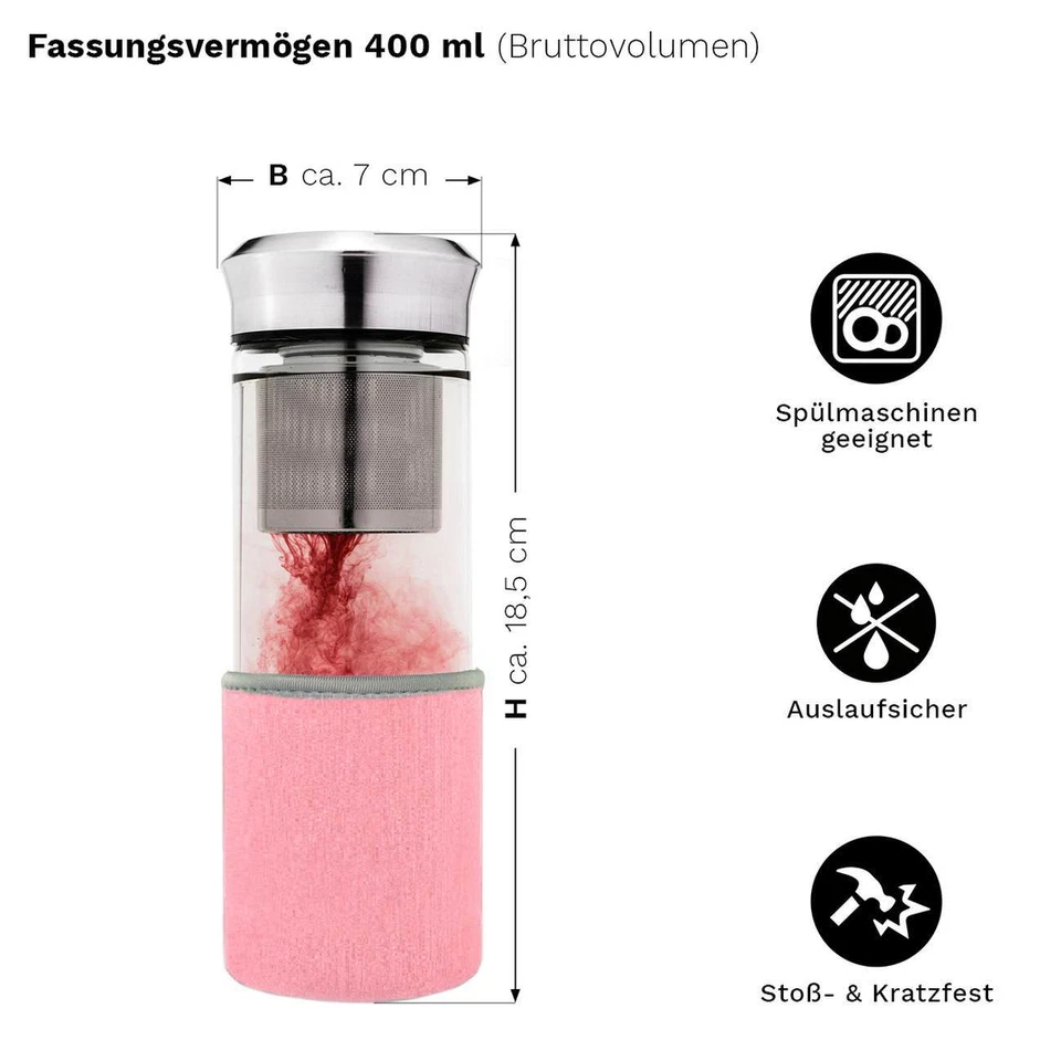 Creano "Teamaker" -Teeflasche to go aus Glas mit Sieb, Tasche (rosa) - Bild 2 von 4