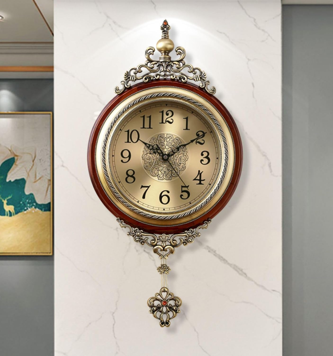 Vintage Silent Pendulum Wall Clock - Large Antique Metal & Wood Design