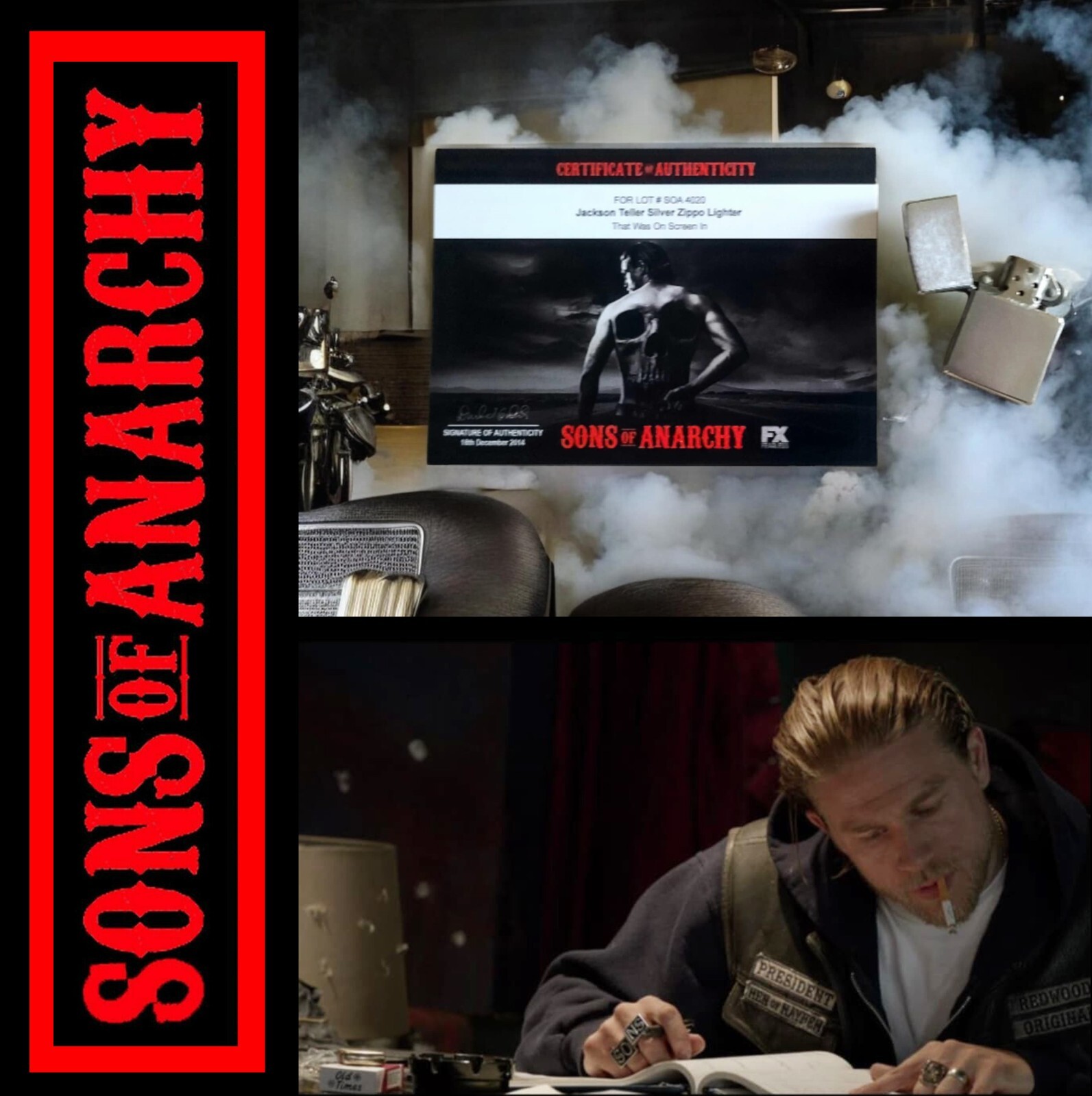 SONS OF ANARCHY Jax/Charlie Hunnam Zippo Lighter Studio COA