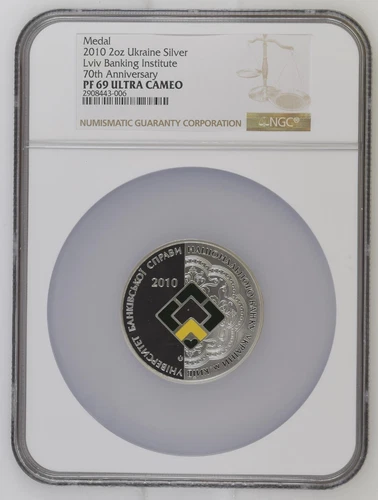 2010 Ukraine 2oz Silver Lviv Banking Institute Medal NGC PF69UC Rare