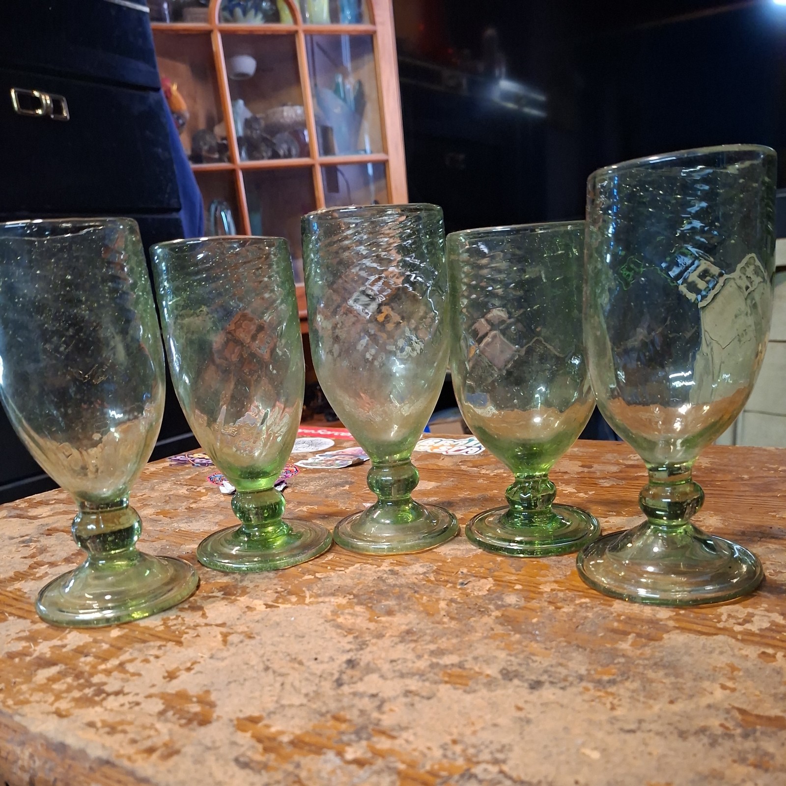 set of 5 Antique Free Blown Green Port Wine Glass  C2