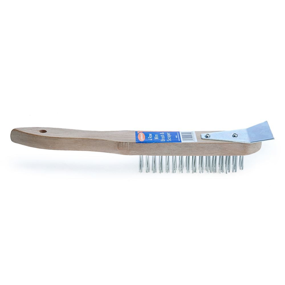 Lynwood Wooden Handle 4 Row Wire Brush With Scraper
