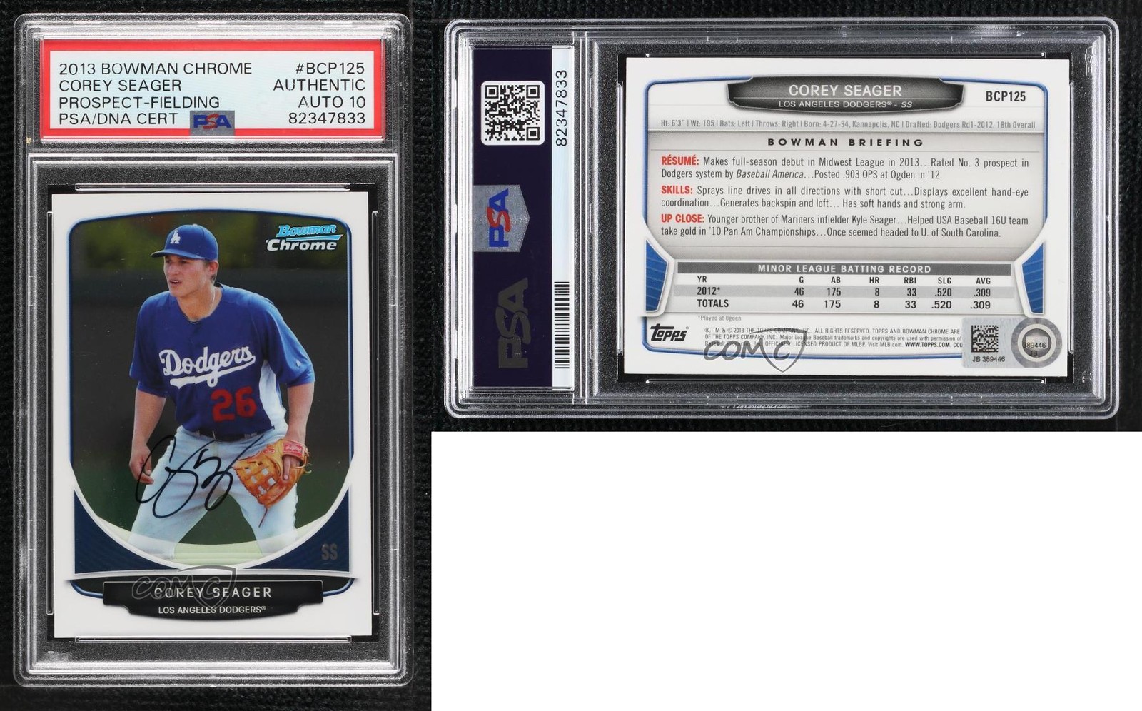 2013 Bowman Chrome Prospects Corey Seager PSA/DNA Authentic Auto view 3