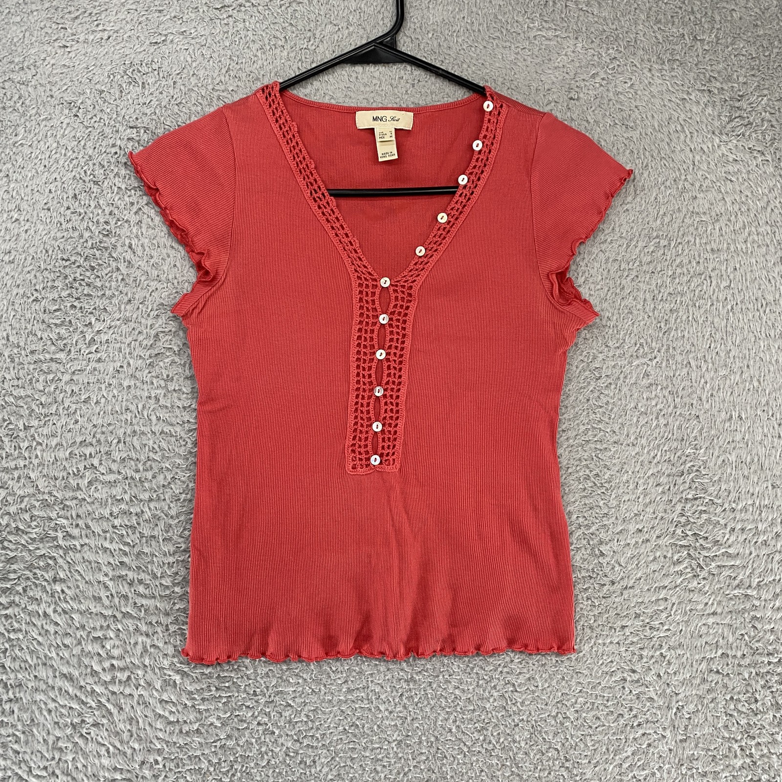 MNG Y2K Henley Shirt Womens Medium Crochet Button Front Rib Knit Lettuce Hem