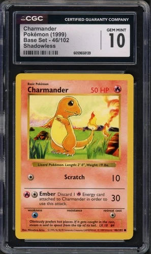 Pokemon CGC 10 Gem Mint Shadowless Base Set Common Charmander 46/102