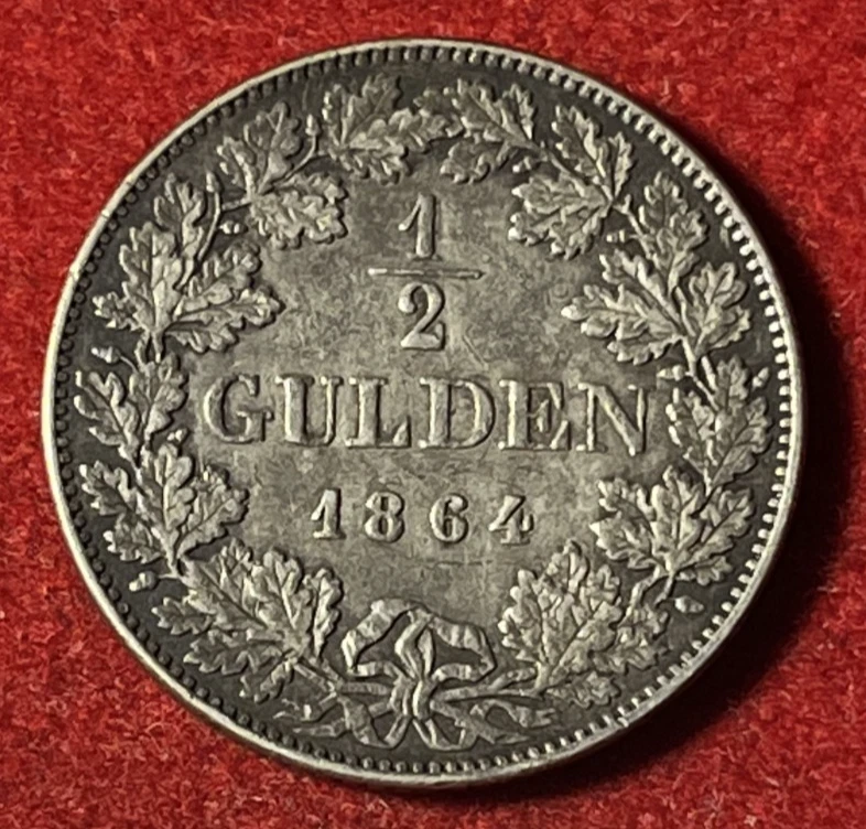 Baden 1/2 Gulden 1864 Silver Coin KM#243 T7951 - Image 2 of 2