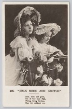 Girls Flower Bonnets Lace Dresses Praying Jesus Meek and Gentle c1905 Postcard
