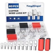 80PCS Copper Wire Lugs Battery Cable Ends Assortment AWG 2 4 6 8 10 12 Gauge