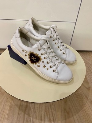 Dolce & Gabbana White Leather Sneakers Red Heart Gold