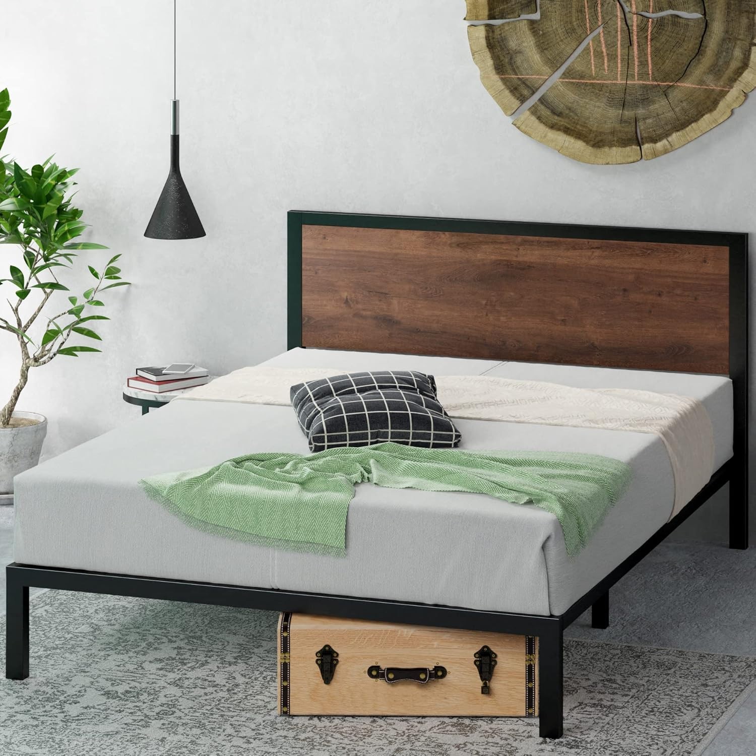 Zinus Mory King size Bed frame - Bed 150x200 cm - 30 cm Height with Underbed storage - Metal and Wood Platform Bed frame with Wood slat support - Brown and Black 23 ZINUS 5FT6.5 KING SIZE BED FRAME - 150x200 x 30cm WITH WOOD HEADBOARD