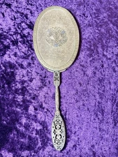 Vtg MCM Art Nouveau Deco Hand Held Vanity Mirror Brass Hollywood Regency