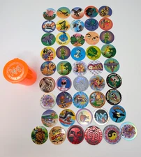 Vintage Lot of 46 Assorted Pogs, Slammers & Milk Cap Container 1994 WPF Animals