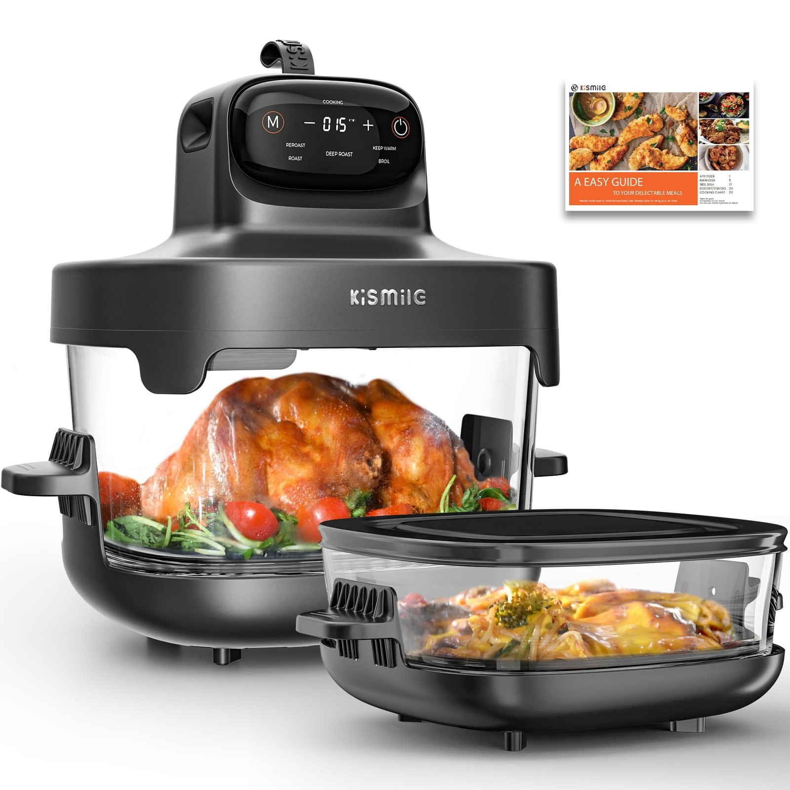 5-in-1 Portable Glass Air Fryer Dual Sizes 2.6QT/4.7QT with Lids 360°Transparent