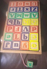 Wooden Cart Full Of 28 Alphabet Blocks Letters Numbers Animals