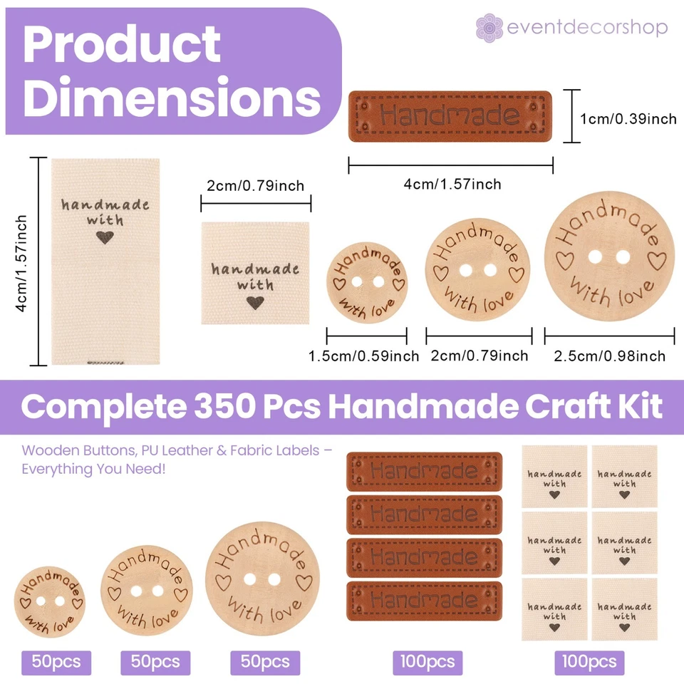 100 Stck. Handgefertigte Etiketten & Knöpfe Set-Holz, Leder, Stoffetiketten zum Selbermachen Handwerk - Bild 2 von 4