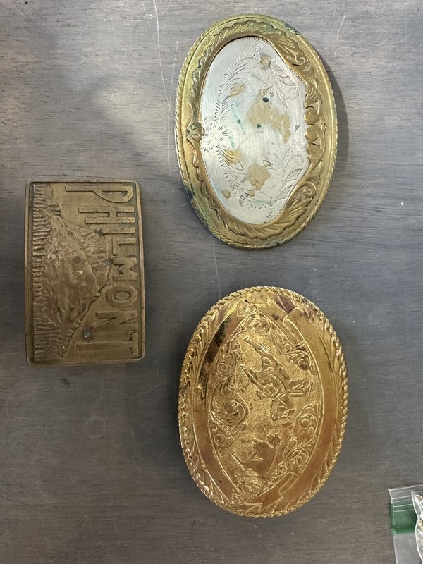 Lot Of 3 Vintage Western Belt Buckles, Etched, Horses & Bull, Philmont 
