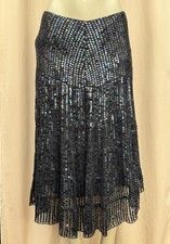 Vintage Gina Bacconi Sequin Skirt Black Iridescent Tiered Midi Party Evening