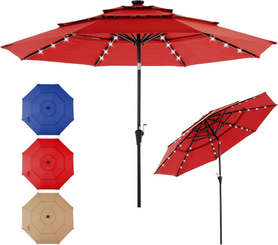 10FT 3 Tier Outdoor Patio Umbrella, Patio Umbrella with 32 LED Lights and Crank,