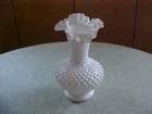 Vintage Large Fenton White Milk Glass Hobnail Ruffled Crimped Edge Vase 11"