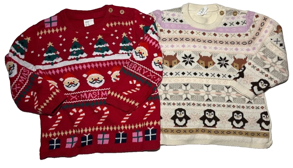 Conjunto de 3 piezas de traje de vacaciones H&M niña 12 Mos suéter rosa jean pantalones Santa nieve lote Foto 2 de 4