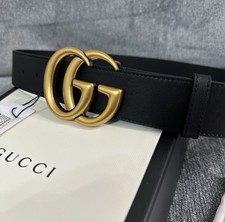Authentic Gucci Black Leather Belt, Gold GG Buckle, Size 90cm Women 6-8