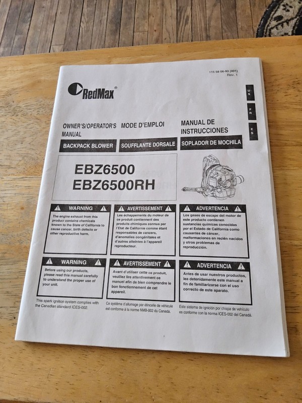 owners manual for redmax back pack blower ebz6500