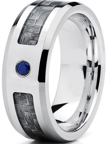 Cobalt Men's Wedding Band Gray Carbon Fiber Inlay 0.05 Carat Blue Sapphire - Picture 2 of 5