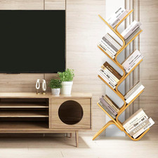 8-Tier Floor Bamboo Tree Bookshelf, Modern Standing Bookcase Office Book Storage