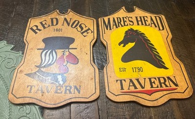 Vtg Mare s Head Red Nose Tavern Bar Sign Lot 2 Wood Man Cave 8.75x6  Pair Set