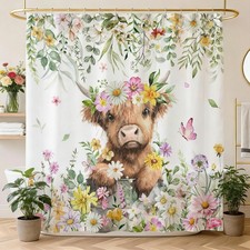 Spring Highland Cattle Shower Curtain Highland Cow Watercolor Floral Bathroom Sh