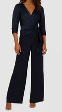 Adrianna Papell Women's Blue 3/4-Sleeve Faux-Wrap Wide-Leg Jumpsuit Size 6