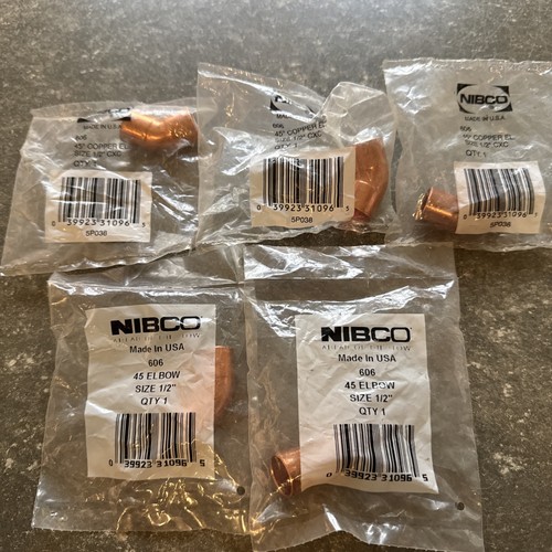 5 Lot New Nibco Copper 45 Degree Elbow 1/2" 606
