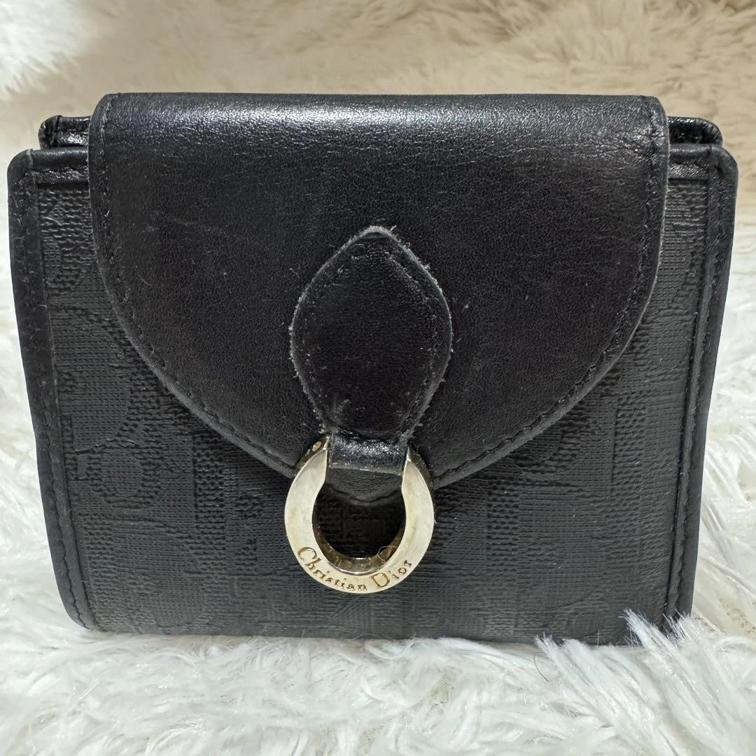 Rare portefeuille pliable Dior Trotter cuir pvc noir logo raccord