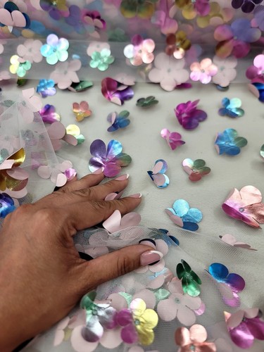 Lace Multicolor Embroidery 3d Metallic Flowers Fabric By The Yard White Mesh - Picture 3 of 10