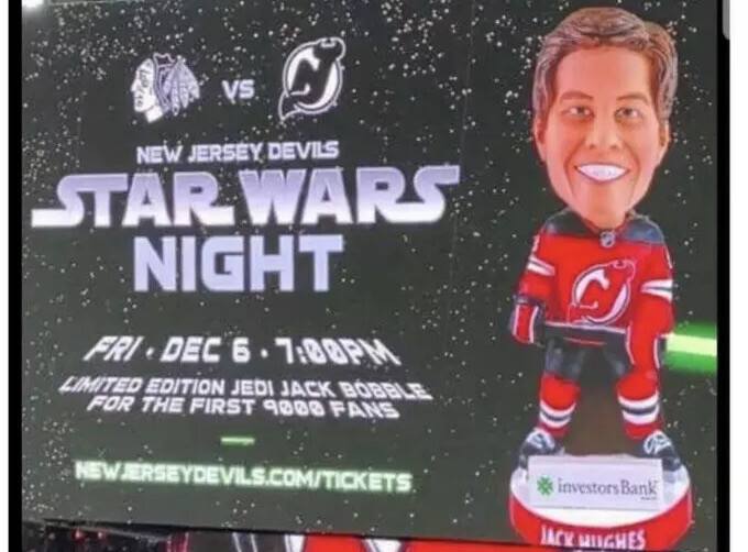 NJ DEVILS STAR WARS BOBBLEHEAD SGA JEDI JACK HUGHES 2019 NHL HOCKEY