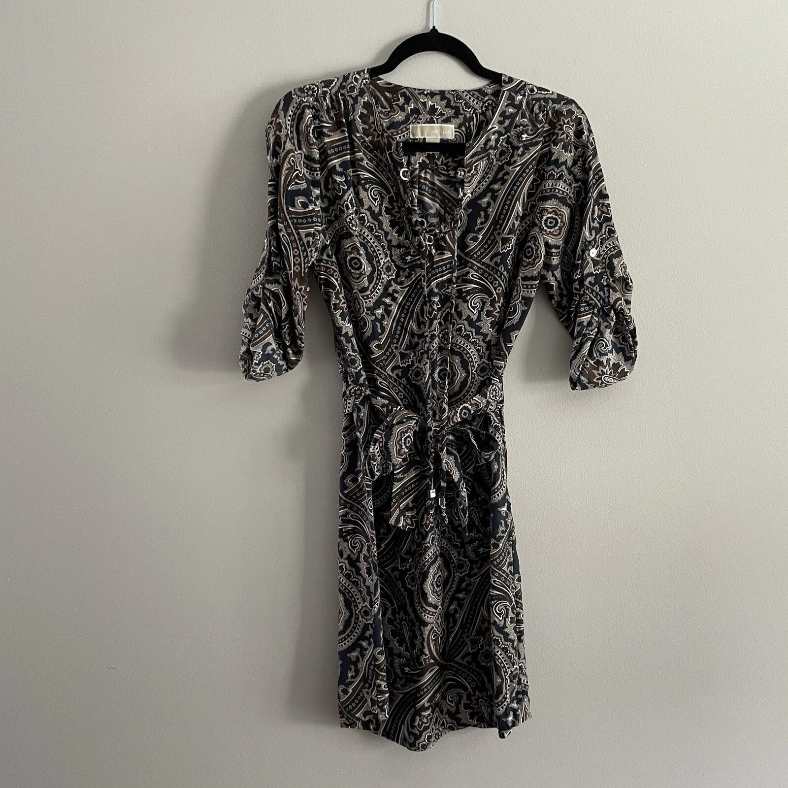 Abito MICHAEL Michael Kors donna S blu navy paisley seta cintura stringato tubino