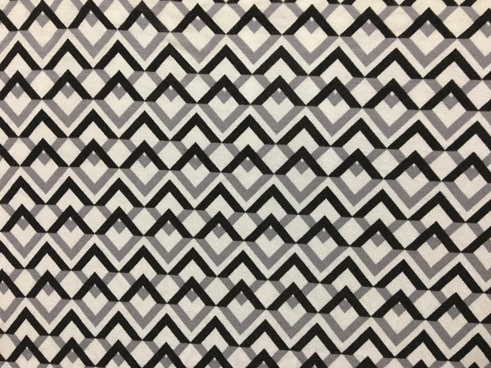 Hermosa tela tejida elástica de rayón con estampado geométrico negro, gris, blanco 9 oz Foto 2 de 4