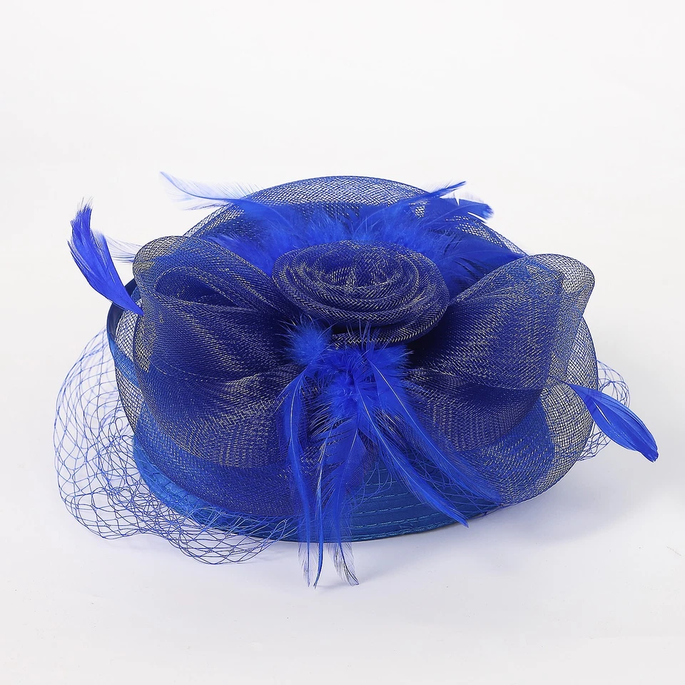 Sombrero de iglesia azul real fascinador cóctel fiesta de té vestido sombreros mujeres con velo Foto 4 de 4