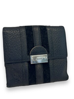 Gucci Bifold Wallet Coin Purse Black Leather Suede Stripe Logo
