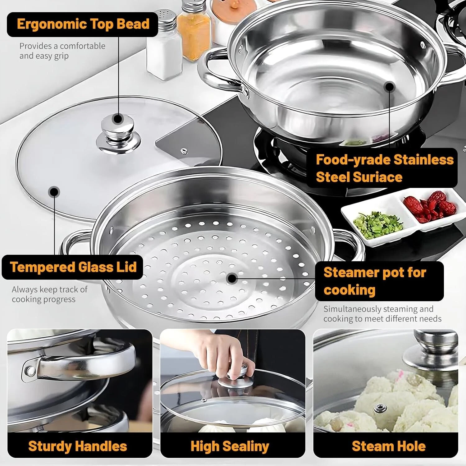 28cm Stainless Steel Steamer Pot with Ventilated Glass Lid - Ideal for Dumplings - Picture 9 of 10