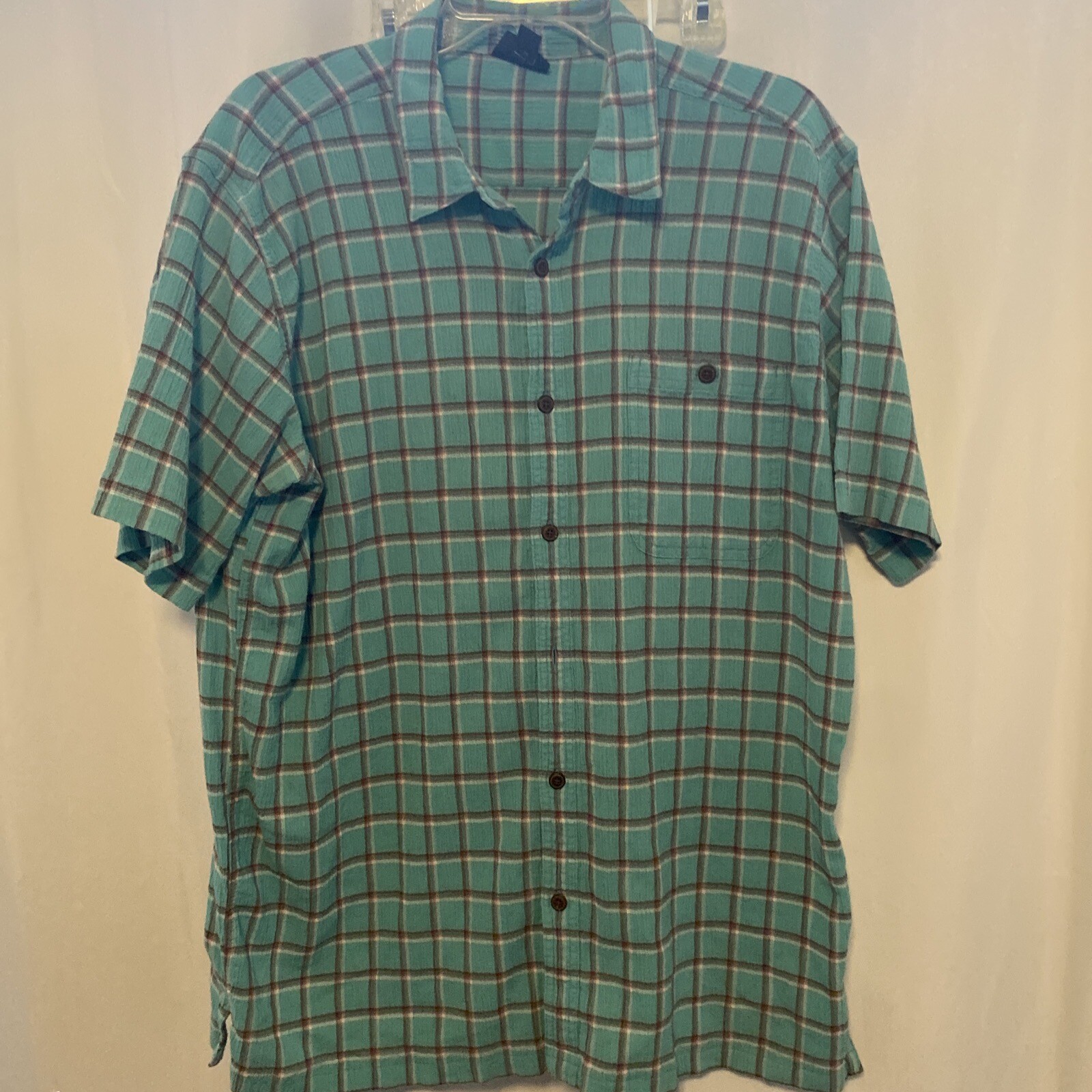 Patagonia Organic Cotton Green Maroon Plaid Short Sleeve Size XL