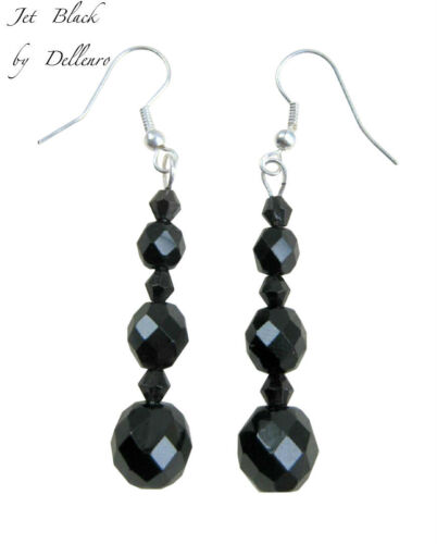 ✫JET BLACK✫ SILVER PLATED CRYSTAL DROP DANGLE EARRINGS - Picture 1 of 3