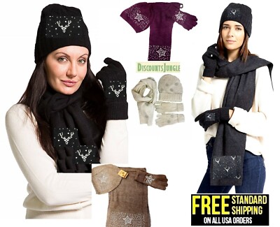 Women's Winter Piece Wool Blended Gift Sets Beanie Hat Gloves Scarf  Set-NEW-