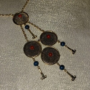Incredible Etruscan Revival Vintage Tassel Necklace Gold Blue Rust Round Beaded