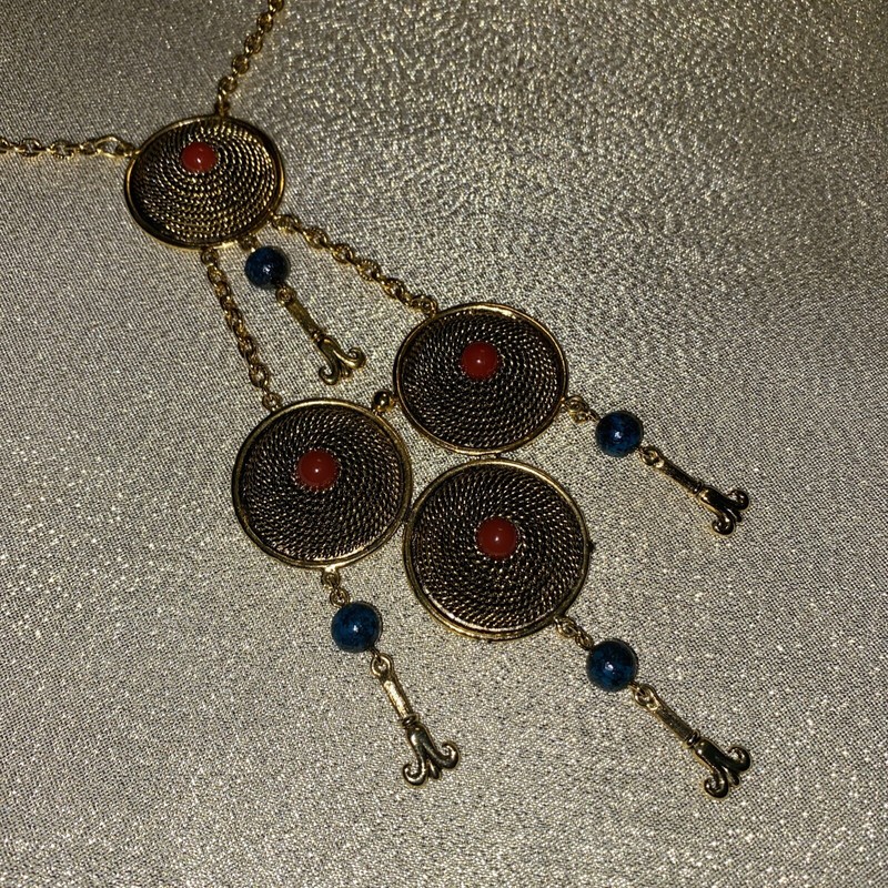 Incredible Etruscan Revival Vintage Tassel Necklace Gold Blue Rust Round Beaded