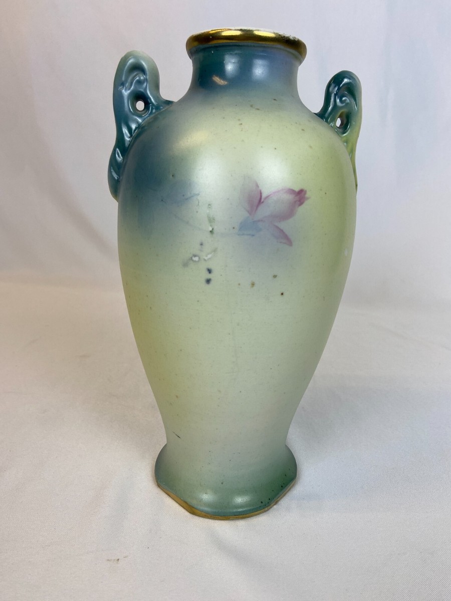 Miyako Japan Hand-Painted Green Vase with Pink Roses and