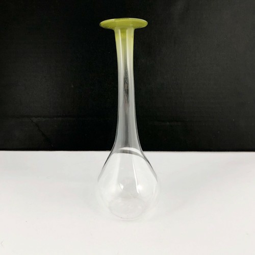 Art Glass Bud Vase Crystal Clear w Long Bent Neck and Green Lip Blown Handmade - Picture 8 of 11