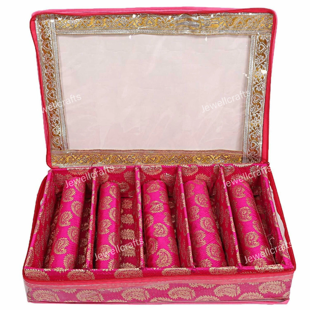 5 Rod Brocade Design Bangle Storage Box Chudi Set Organizer Pink